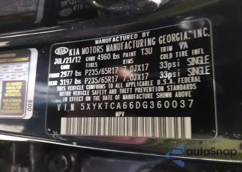 2013 Kia Sorento Lx from USA, damaged, VIN 5XYKTCA66DG360037
